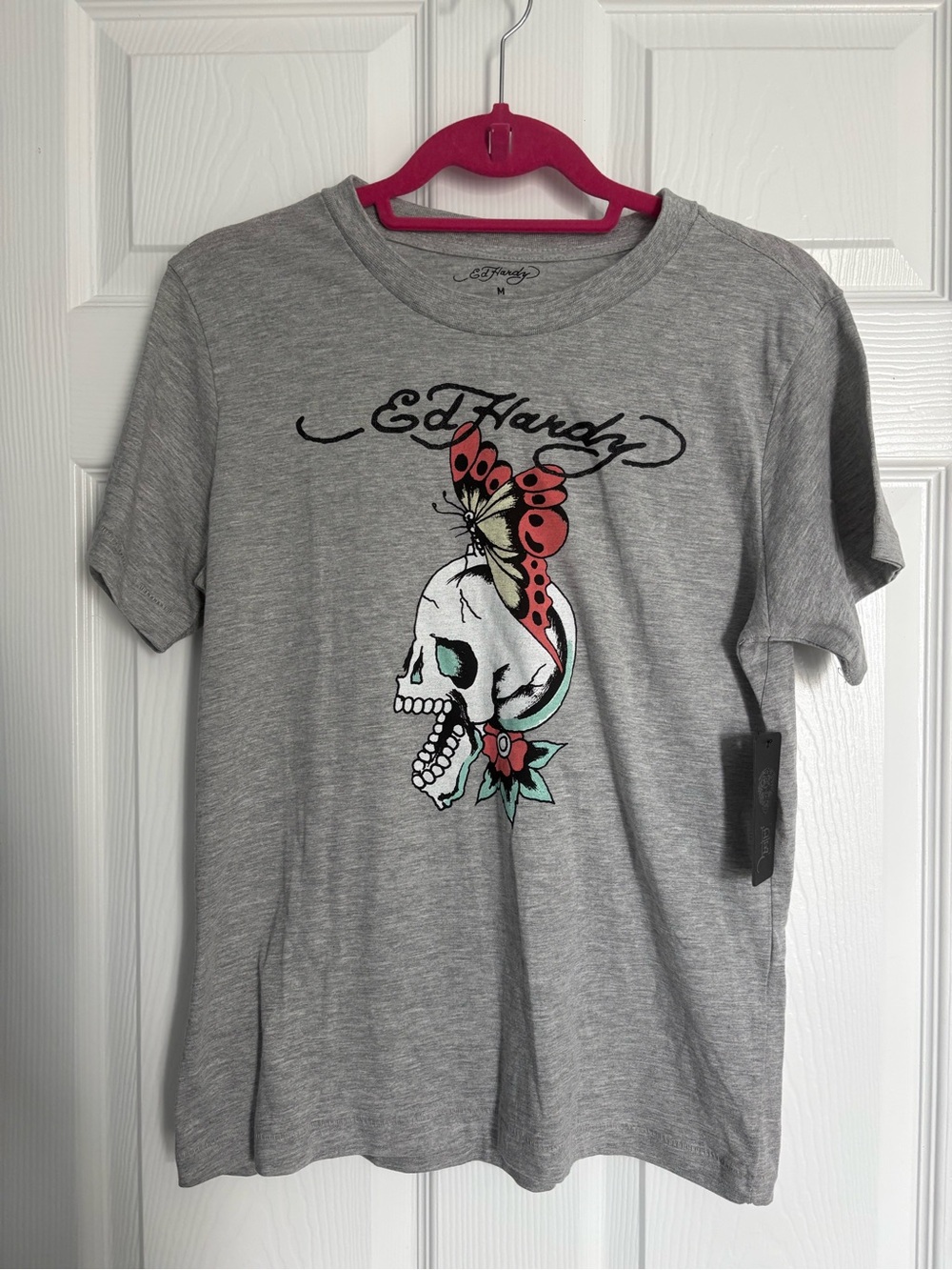 Ed Hardy Gray Skull & Butterfly Graphic Tee